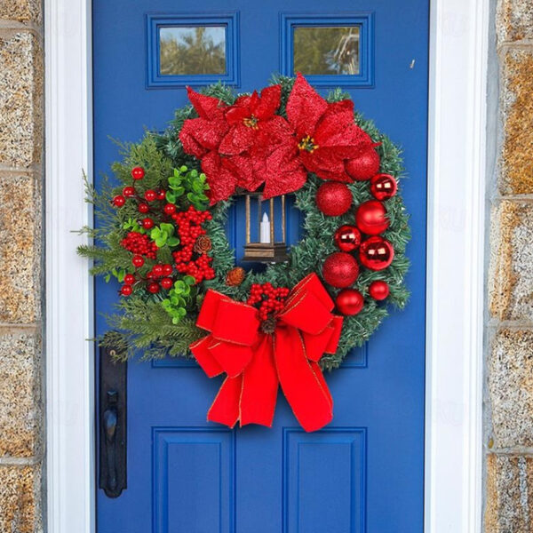 Christmas Wreaths with Light for Front Door, Xmas Wreaths with Bow Ribbon, Winter Garlands Wreath for Outdoor Indoor Window Mantle Christmas Decoratio